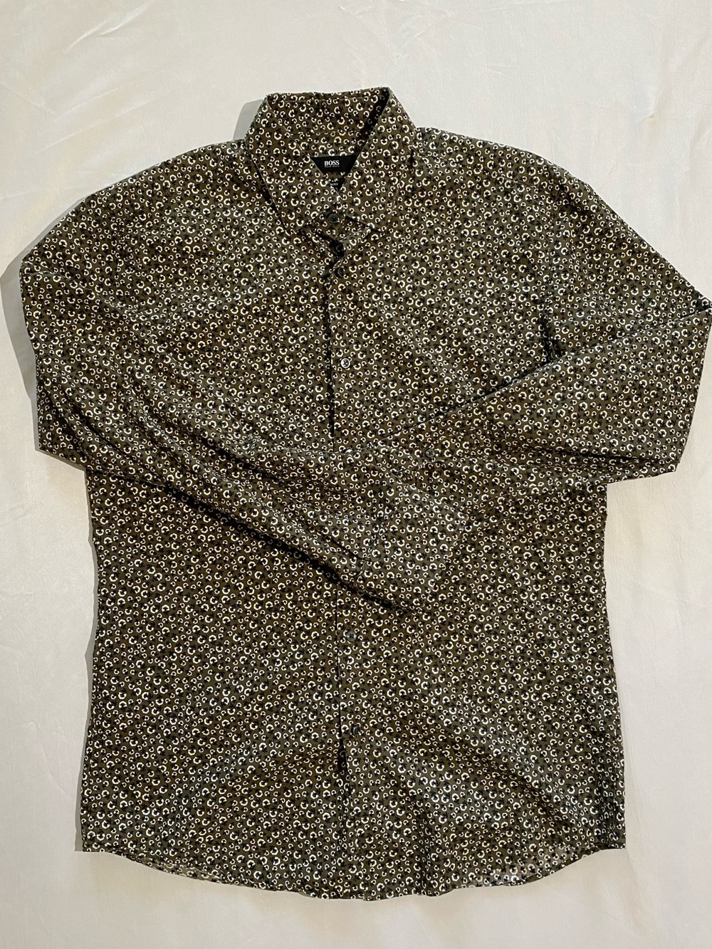 Hugo Boss Olive Green and Black Micro Floral Button-Down Shirt